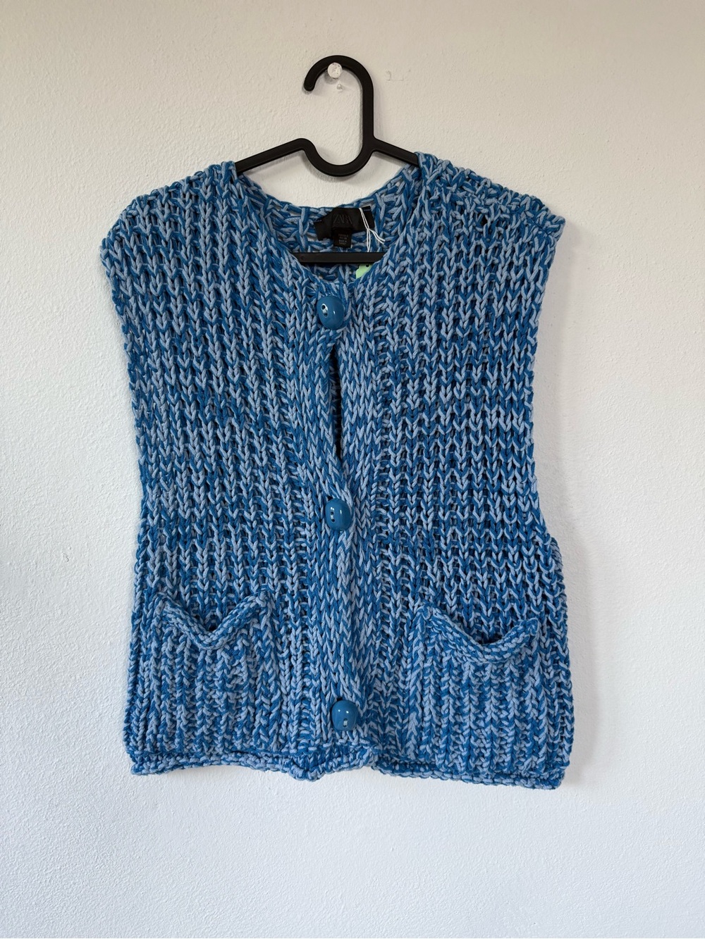 Zara Blue Two-Tone Chunky Knit Button Front Vest